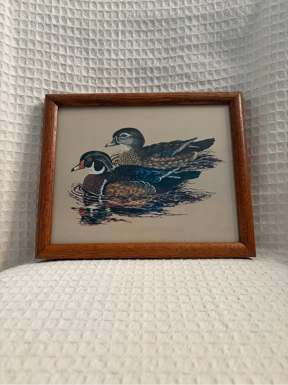 Vintage Donald Blakney Brown Wood Frame Duck Print Wall Art Signed & Date